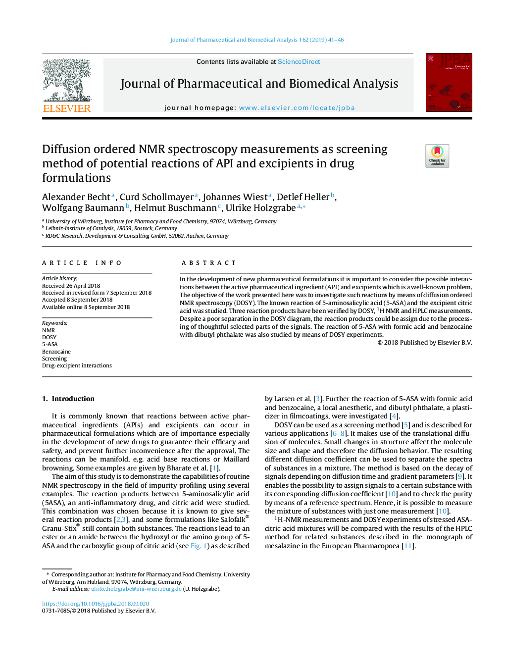 Diffusion ordered NMR spectroscopy measurements as screening method of potential reactions of API and excipients in drug formulations