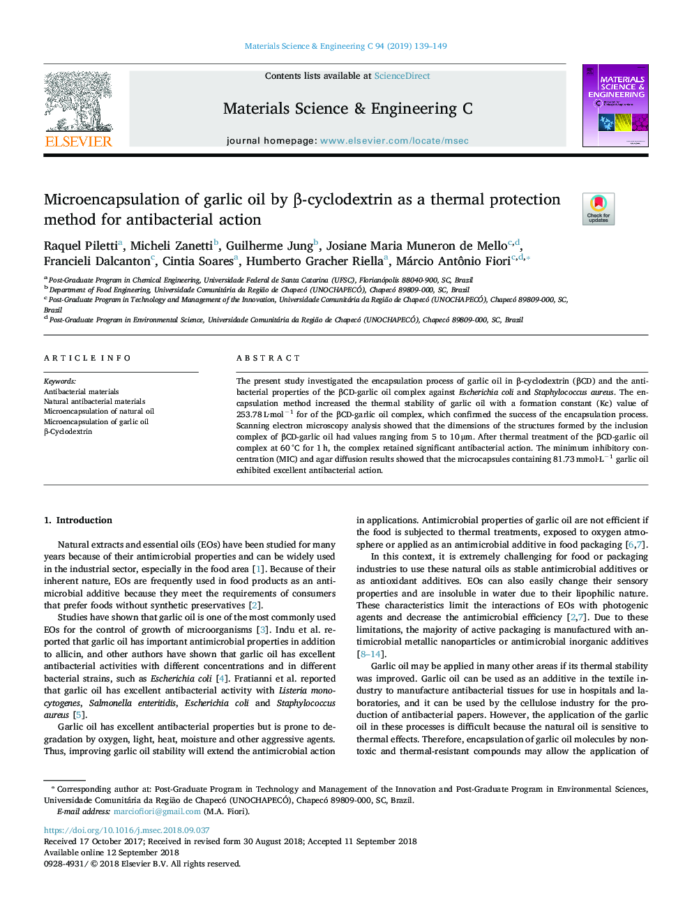 Microencapsulation of garlic oil by Î²âcyclodextrin as a thermal protection method for antibacterial action