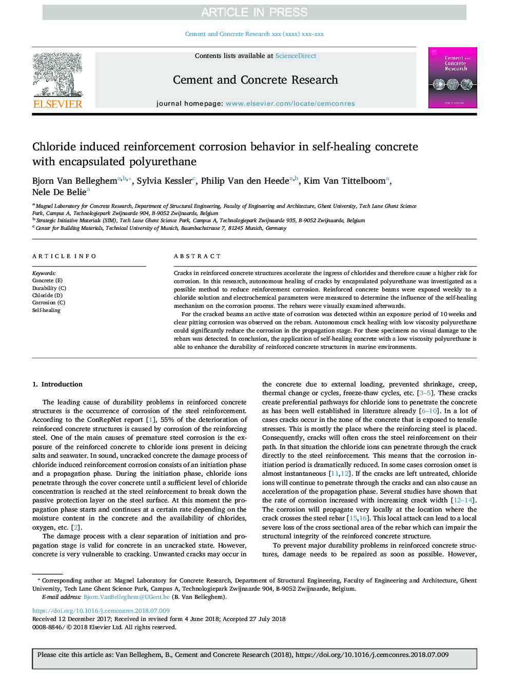 Chloride induced reinforcement corrosion behavior in self-healing concrete with encapsulated polyurethane