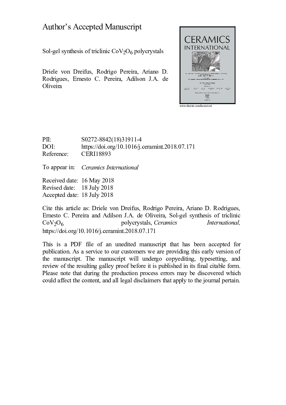 Sol-gel synthesis of triclinic CoV2O6 polycrystals