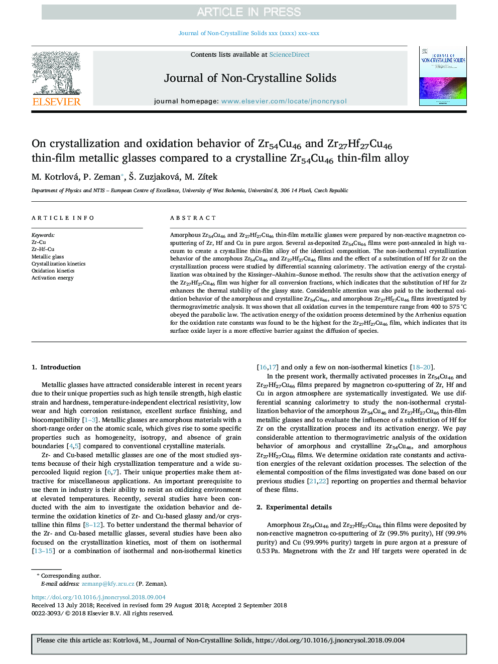 On crystallization and oxidation behavior of Zr54Cu46 and Zr27Hf27Cu46 thin-film metallic glasses compared to a crystalline Zr54Cu46 thin-film alloy