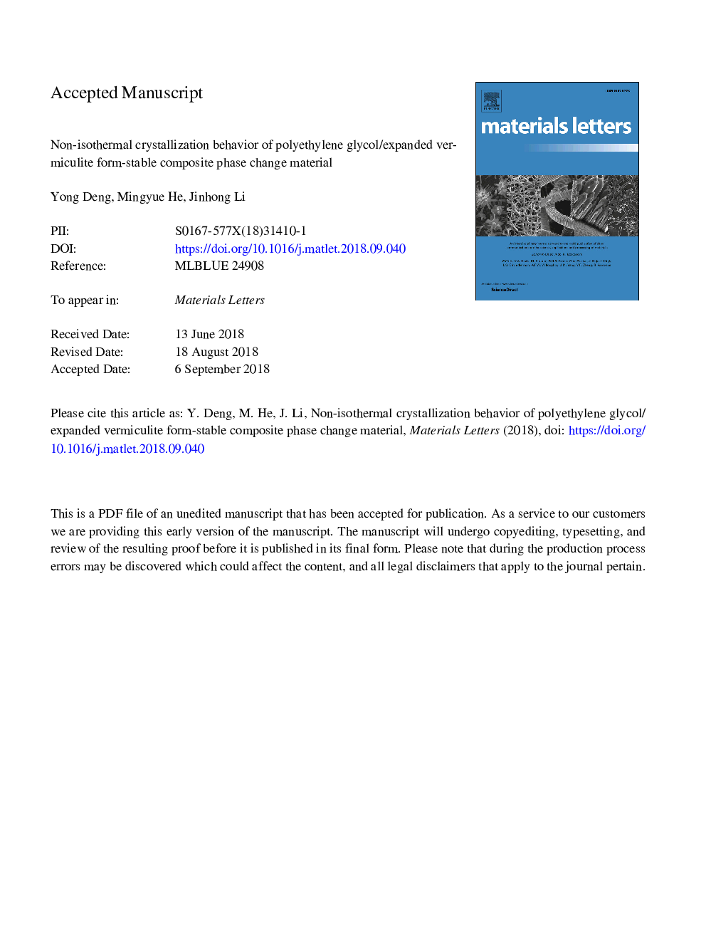 رفتار غیر کریستالیزاسیون پلی اتیلن گلیکول / گسترش ورمیکولیت فاز ثابت مواد کامپوزیت تغییر شکل