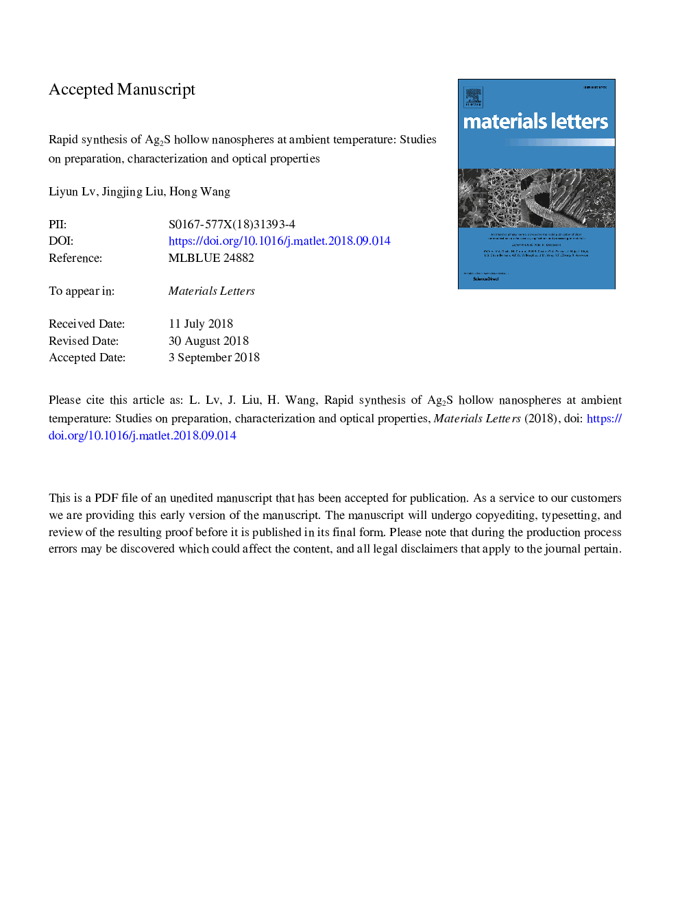 Rapid synthesis of Ag2S hollow nanospheres at ambient temperature: Studies on preparation, characterization and optical properties