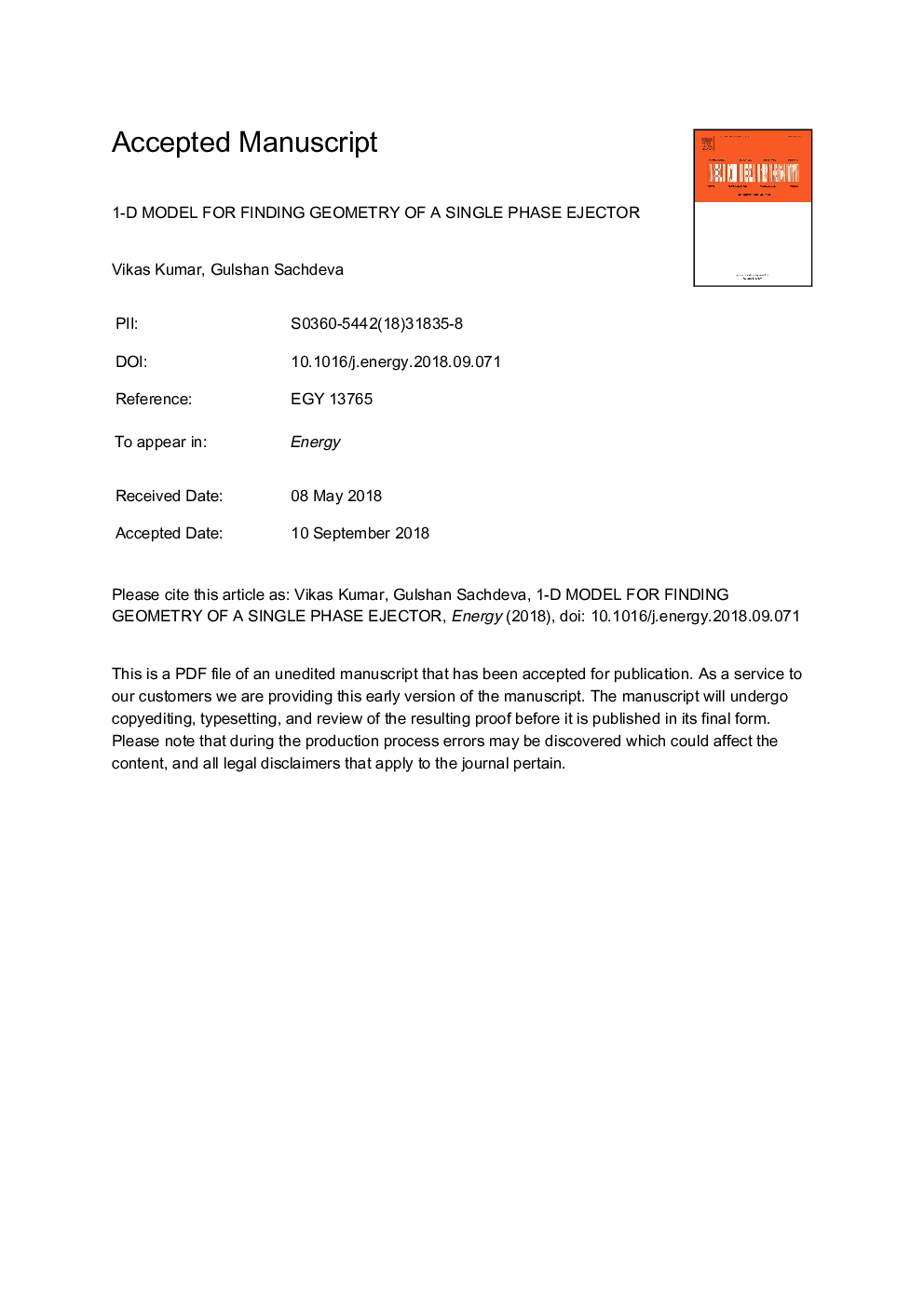 1-D model for finding geometry of a single phase ejector