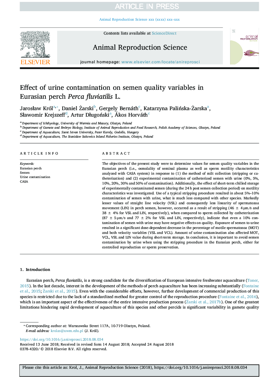 Effect of urine contamination on semen quality variables in Eurasian perch Perca fluviatilis L.