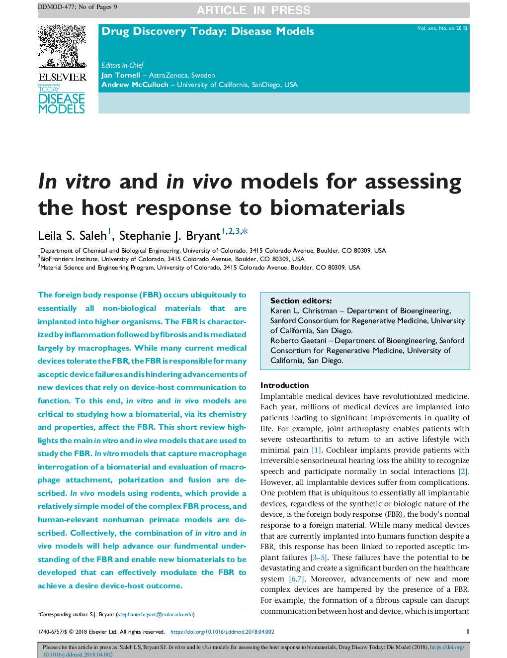 In vitro and in vivo models for assessing the host response to biomaterials