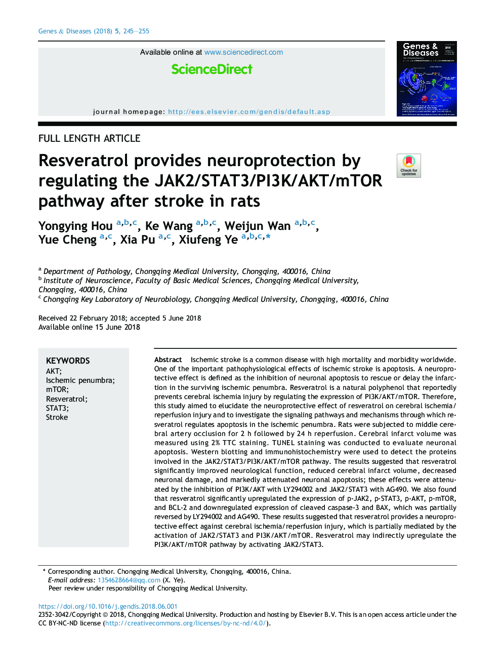 Resveratrol provides neuroprotection by regulating the JAK2/STAT3/PI3K/AKT/mTOR pathway after stroke in rats