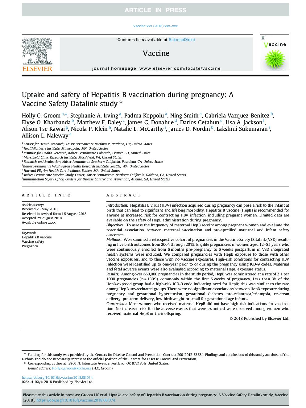 Uptake and safety of Hepatitis B vaccination during pregnancy: A Vaccine Safety Datalink study