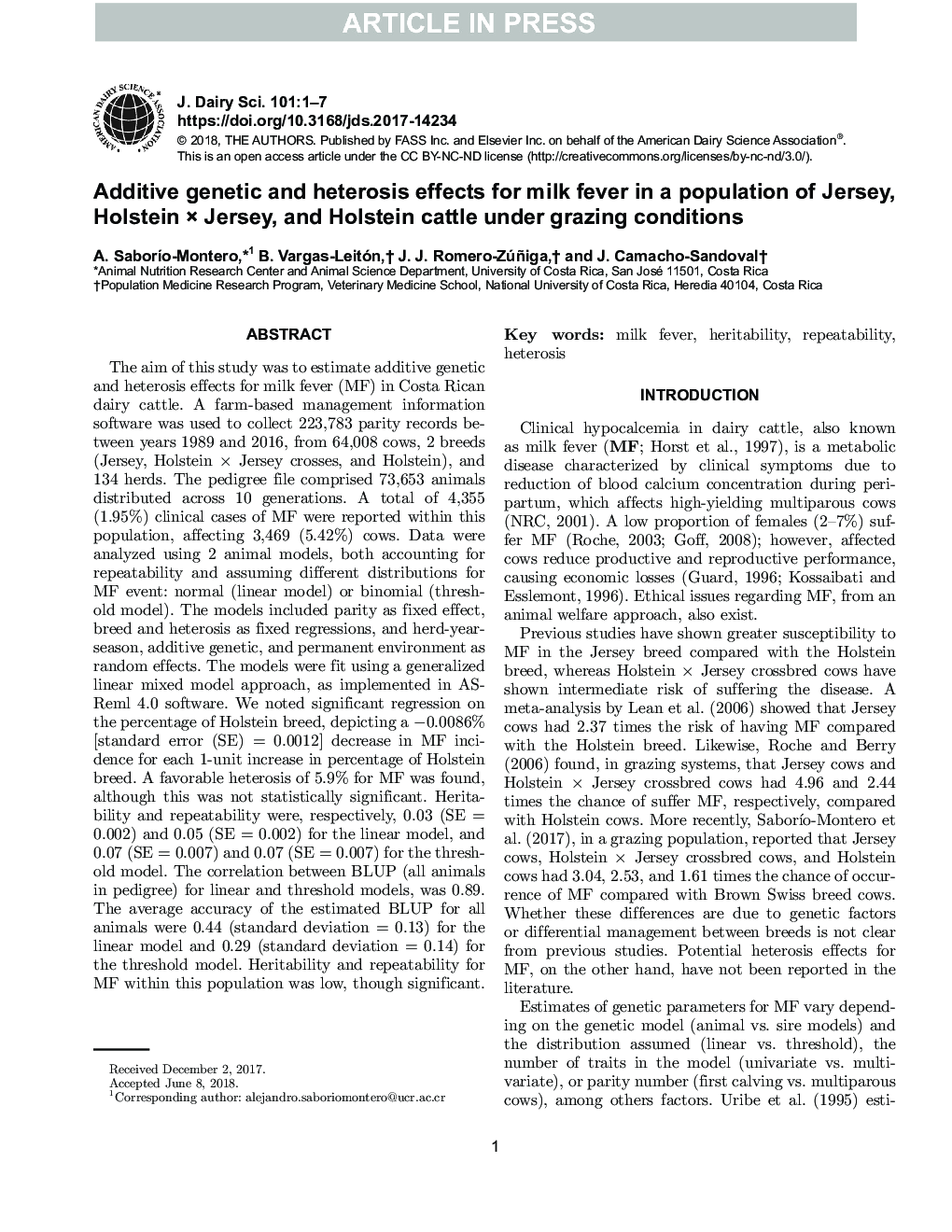 Additive genetic and heterosis effects for milk fever in a population of Jersey, Holstein Ã Jersey, and Holstein cattle under grazing conditions