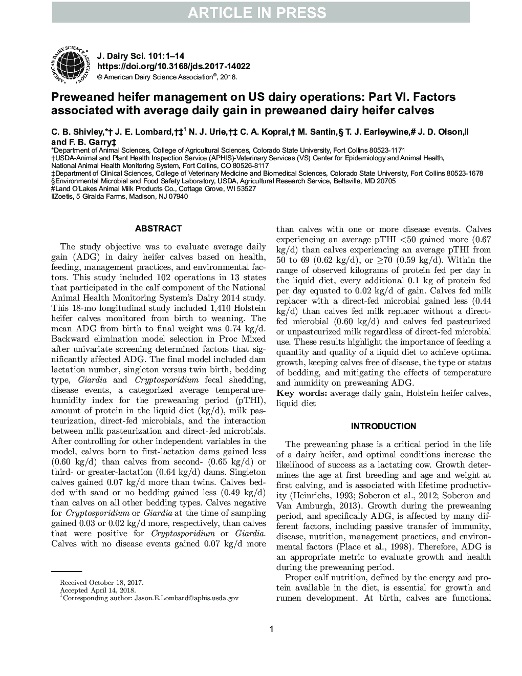 Preweaned heifer management on US dairy operations: Part VI. Factors associated with average daily gain in preweaned dairy heifer calves