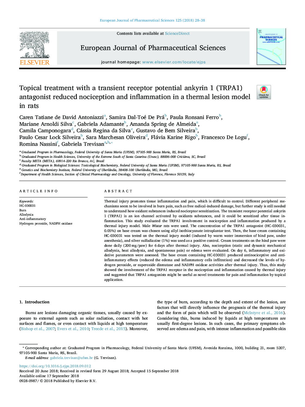 Topical treatment with a transient receptor potential ankyrin 1 (TRPA1) antagonist reduced nociception and inflammation in a thermal lesion model in rats