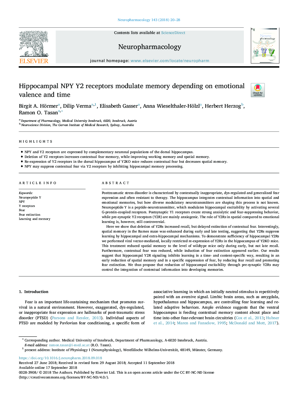 Hippocampal NPY Y2 receptors modulate memory depending on emotional valence and time