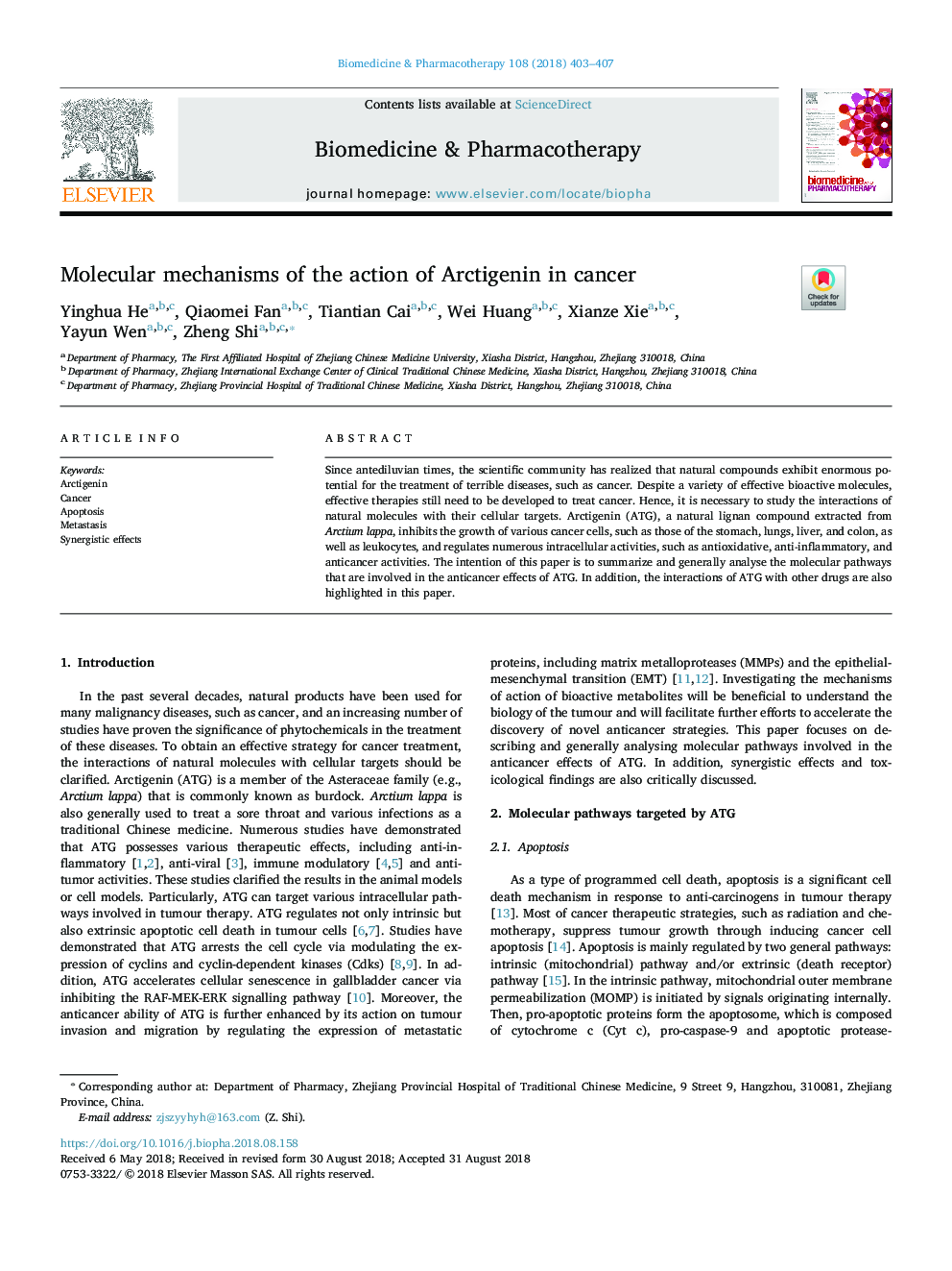 Molecular mechanisms of the action of Arctigenin in cancer