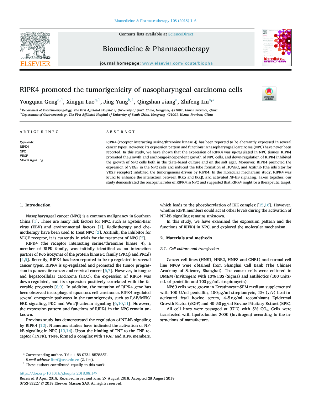 RIPK4 promoted the tumorigenicity of nasopharyngeal carcinoma cells