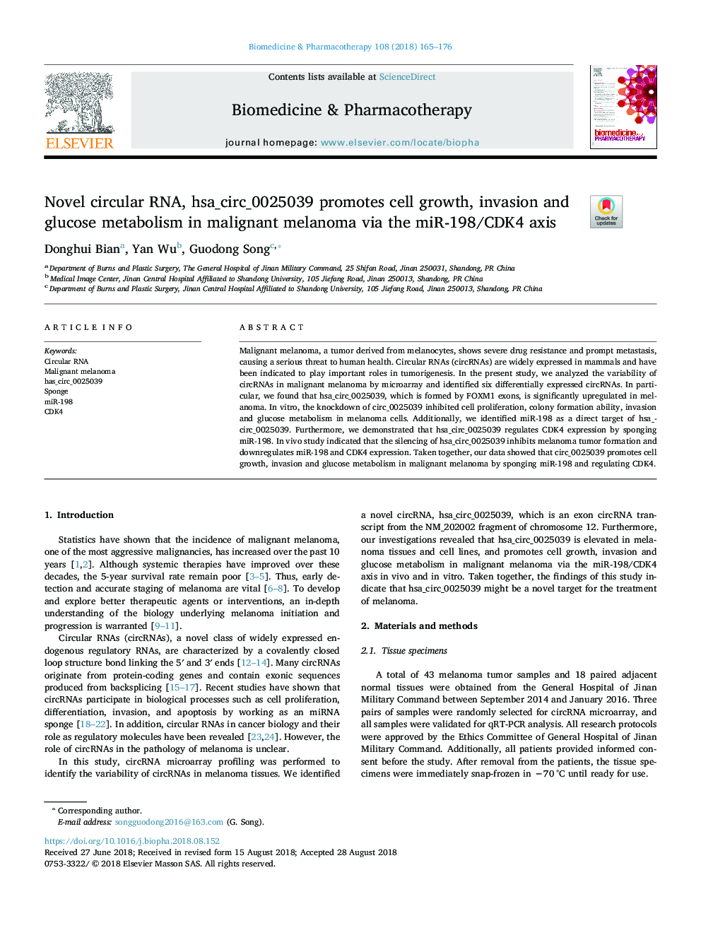 Novel circular RNA, hsa_circ_0025039 promotes cell growth, invasion and glucose metabolism in malignant melanoma via the miR-198/CDK4 axis