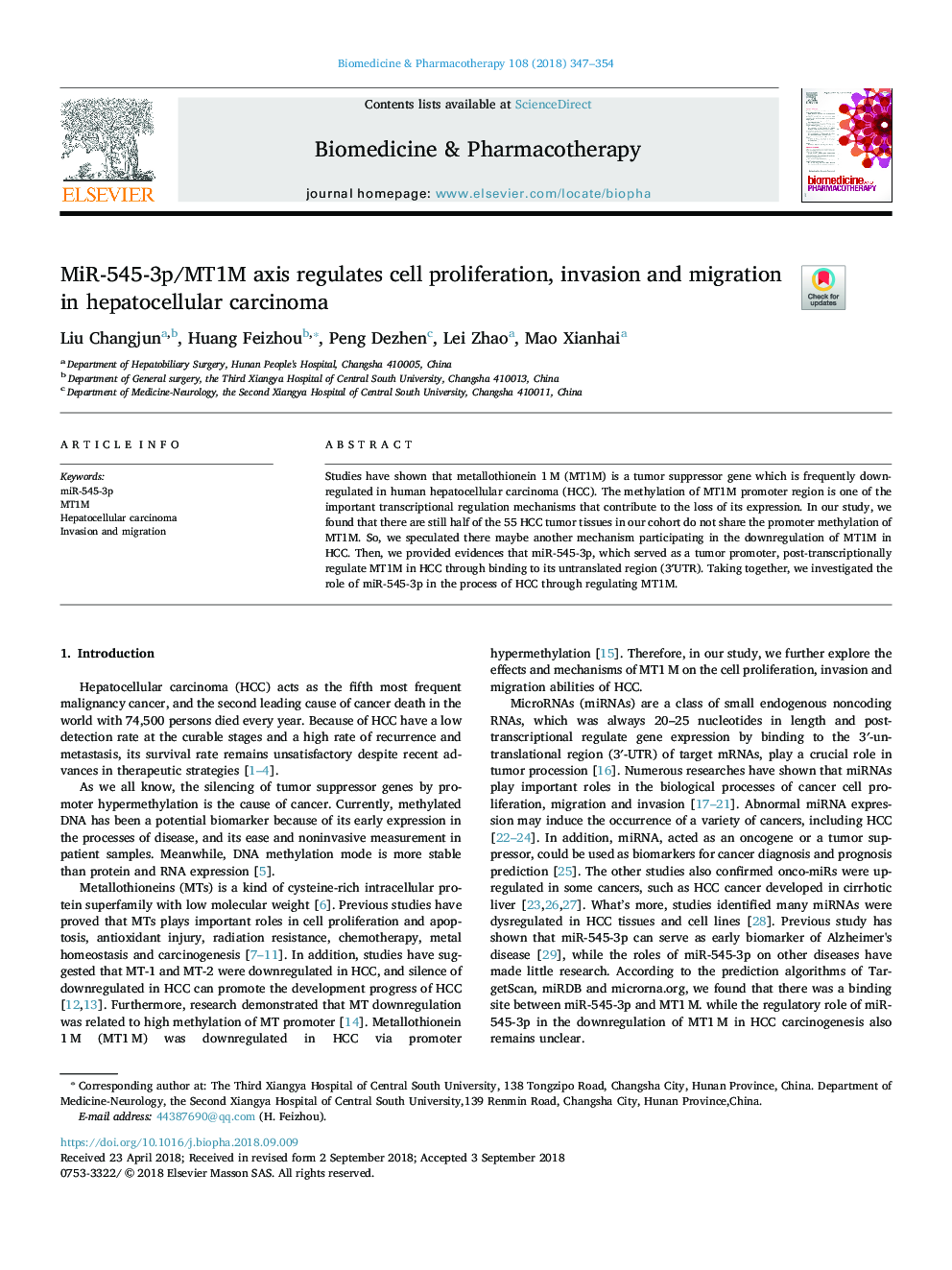 MiR-545-3p/MT1M axis regulates cell proliferation, invasion and migration in hepatocellular carcinoma