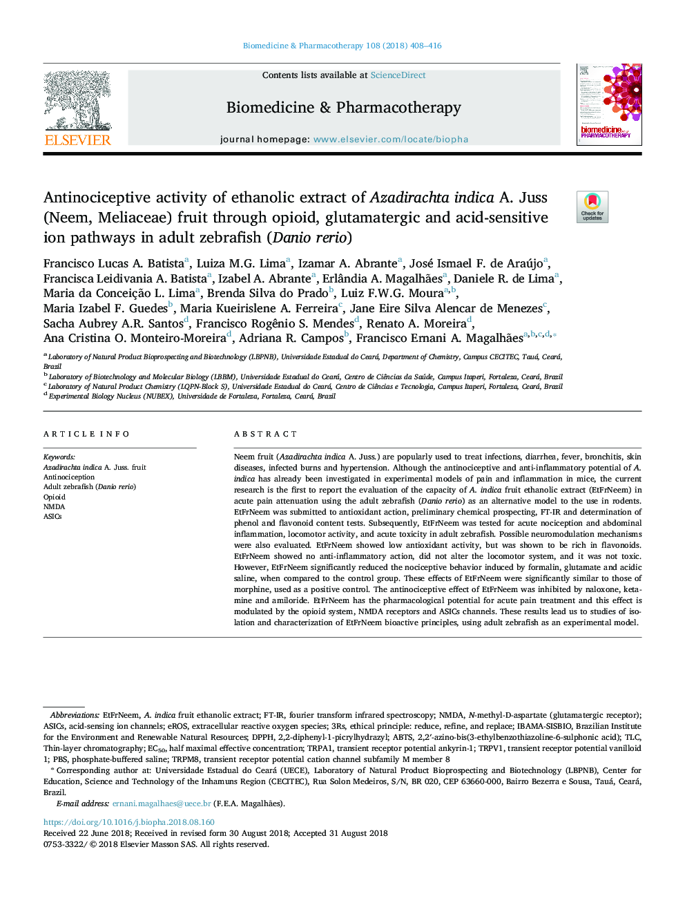 Antinociceptive activity of ethanolic extract of Azadirachta indica A. Juss (Neem, Meliaceae) fruit through opioid, glutamatergic and acid-sensitive ion pathways in adult zebrafish (Danio rerio)