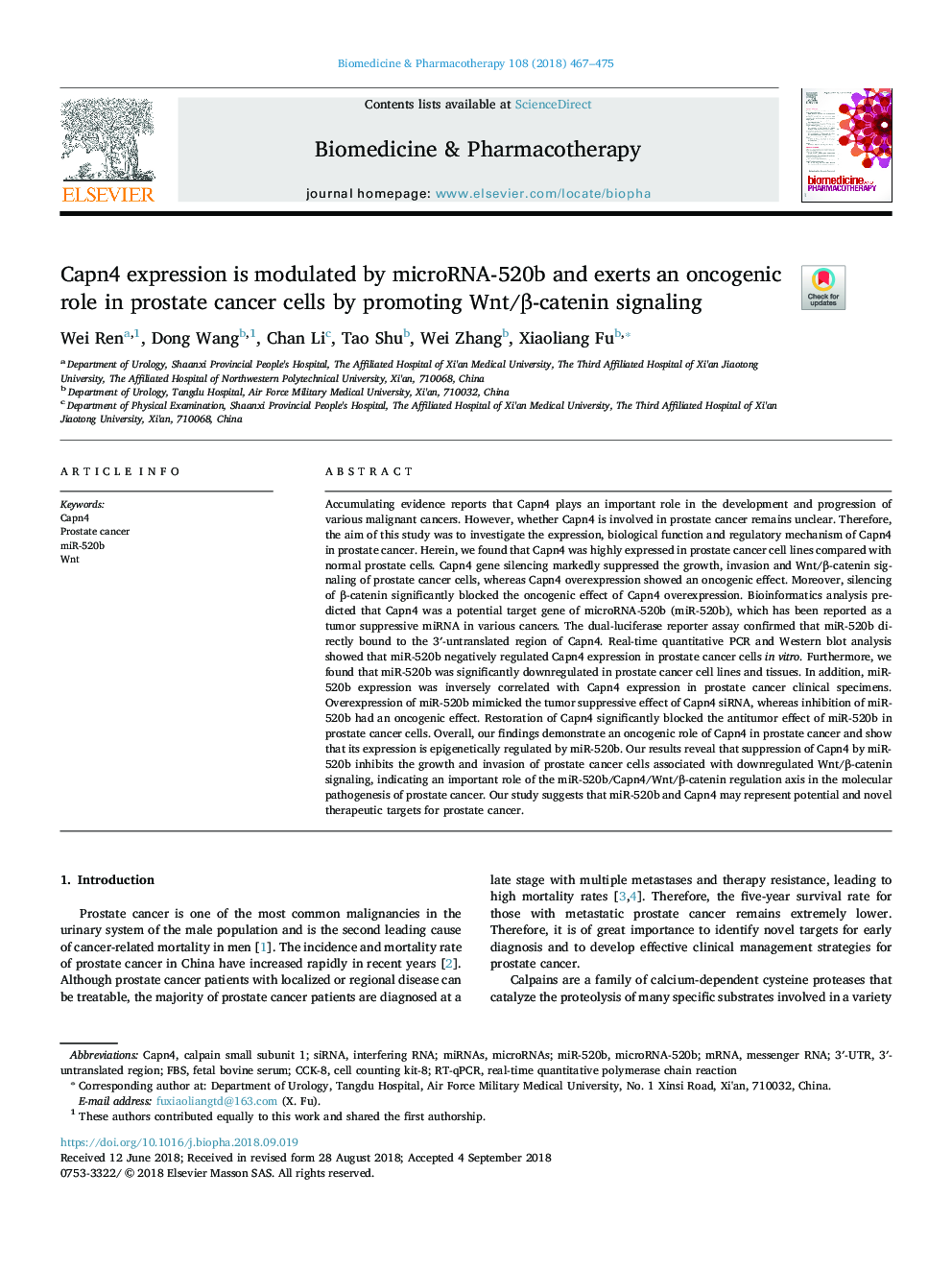 Capn4 expression is modulated by microRNA-520b and exerts an oncogenic role in prostate cancer cells by promoting Wnt/Î²-catenin signaling