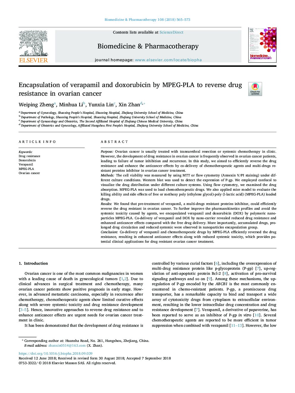 Encapsulation of verapamil and doxorubicin by MPEG-PLA to reverse drug resistance in ovarian cancer