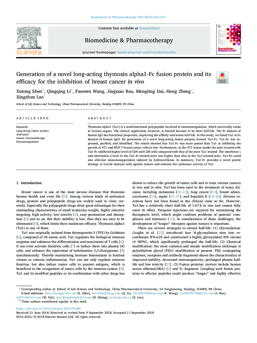 Generation of a novel long-acting thymosin alpha1-Fc fusion protein and its efficacy for the inhibition of breast cancer in vivo