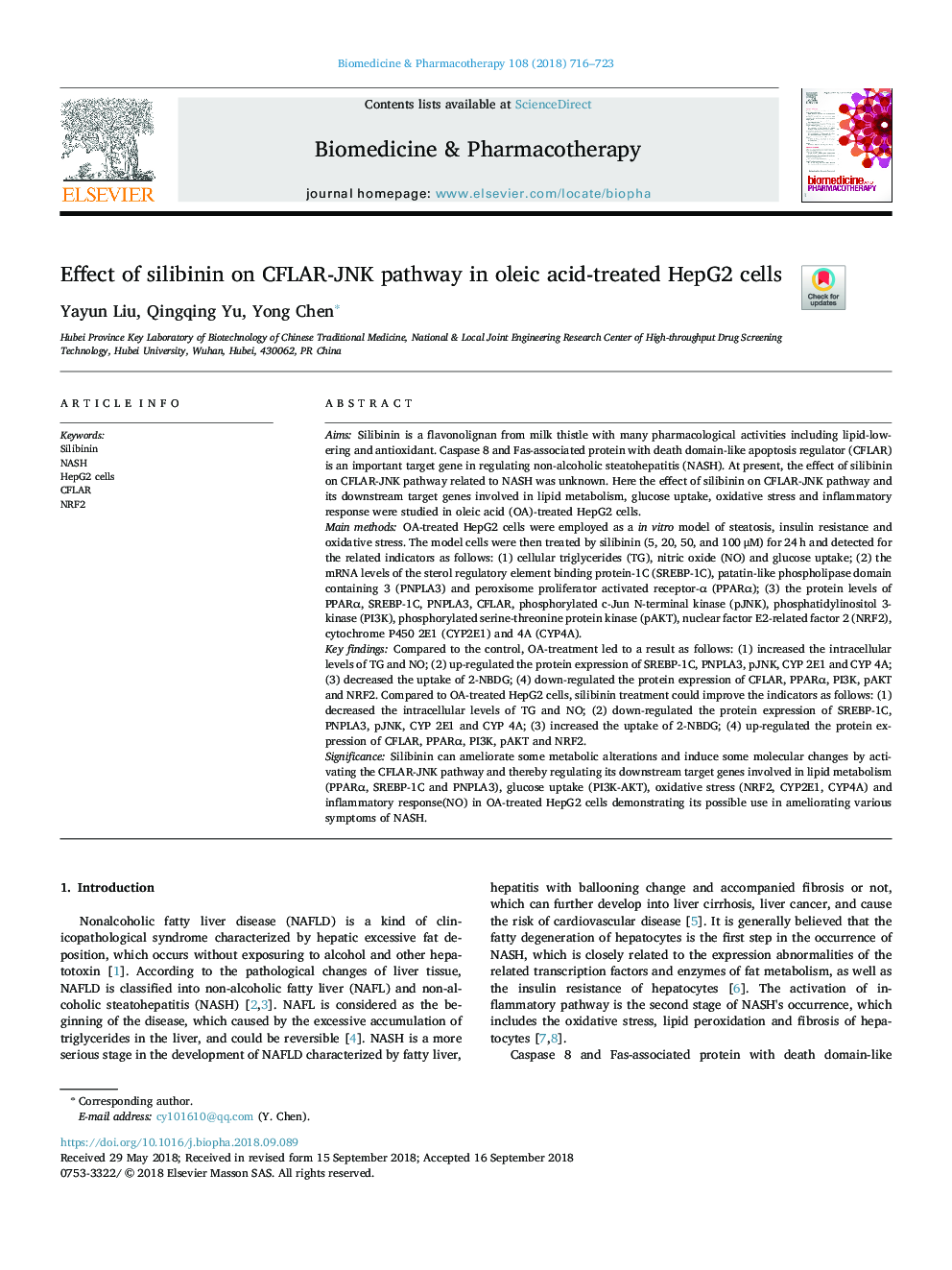 Effect of silibinin on CFLAR-JNK pathway in oleic acid-treated HepG2 cells