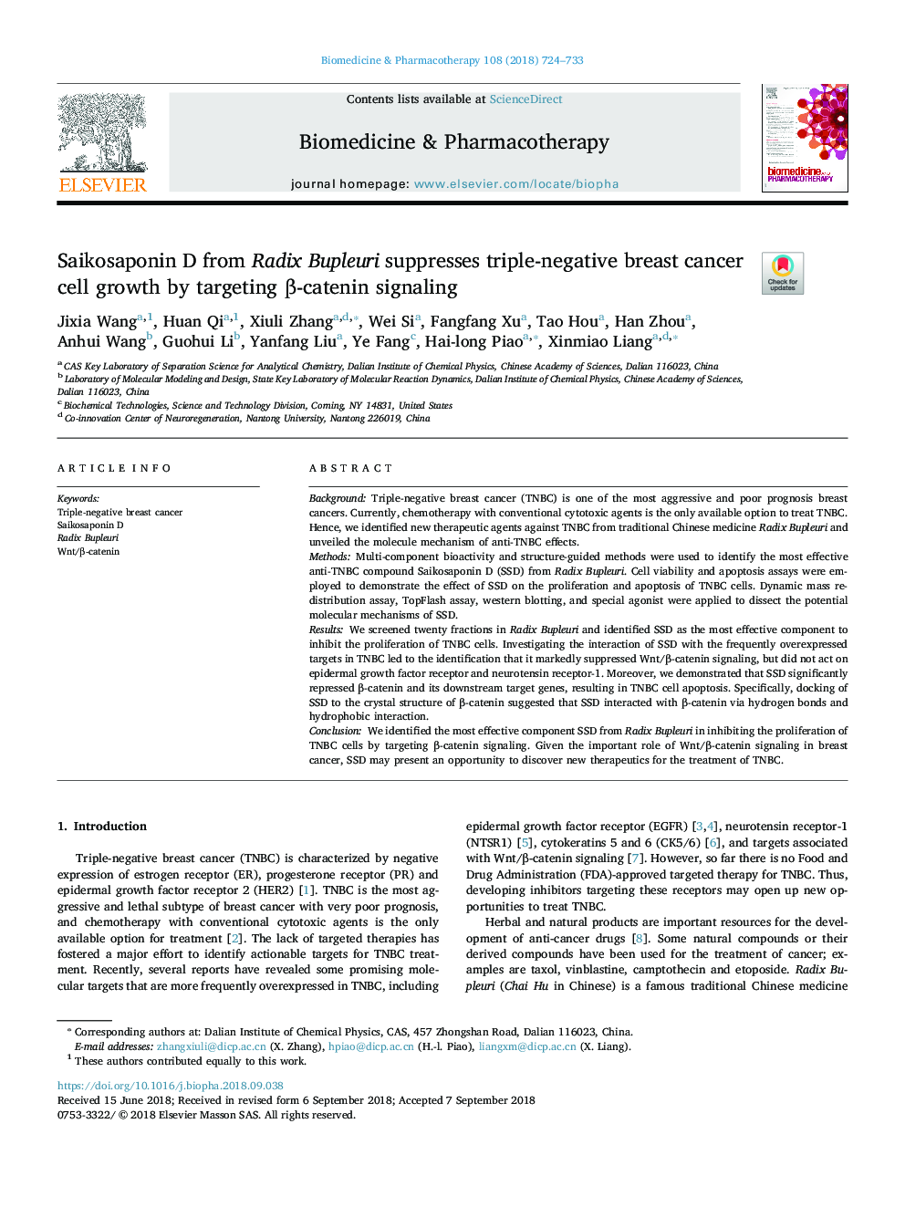 Saikosaponin D from Radix Bupleuri suppresses triple-negative breast cancer cell growth by targeting Î²-catenin signaling