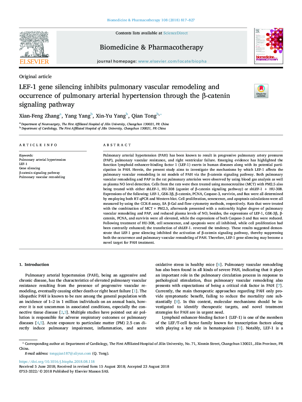 LEF-1 gene silencing inhibits pulmonary vascular remodeling and occurrence of pulmonary arterial hypertension through the Î²-catenin signaling pathway