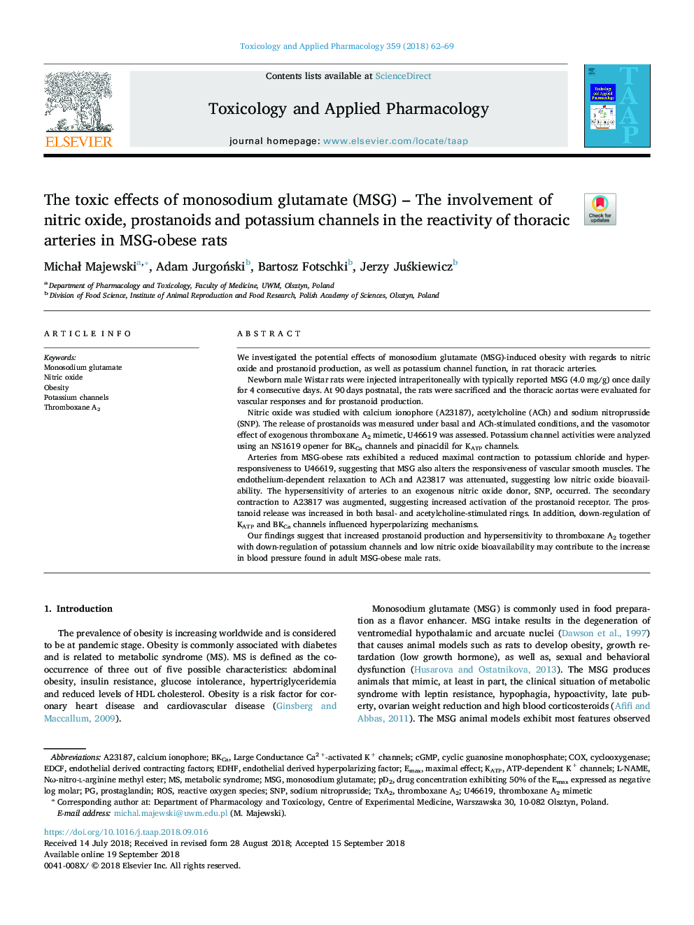 The toxic effects of monosodium glutamate (MSG) - The involvement of nitric oxide, prostanoids and potassium channels in the reactivity of thoracic arteries in MSG-obese rats