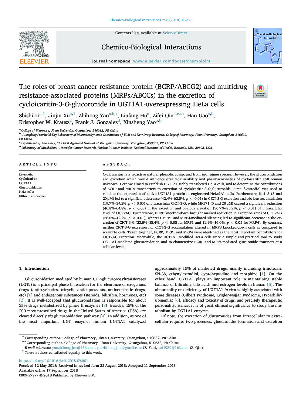 The roles of breast cancer resistance protein (BCRP/ABCG2) and multidrug resistance-associated proteins (MRPs/ABCCs) in the excretion of cycloicaritin-3-O-glucoronide in UGT1A1-overexpressing HeLa cells