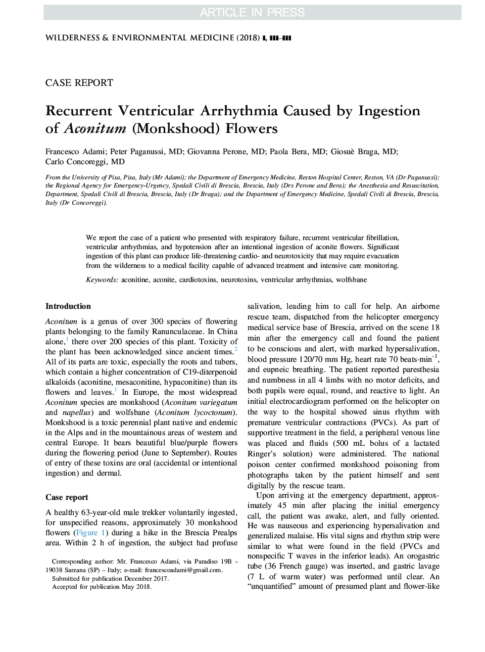 Recurrent Ventricular Arrhythmia Caused by Ingestion of Aconitum (Monkshood) Flowers