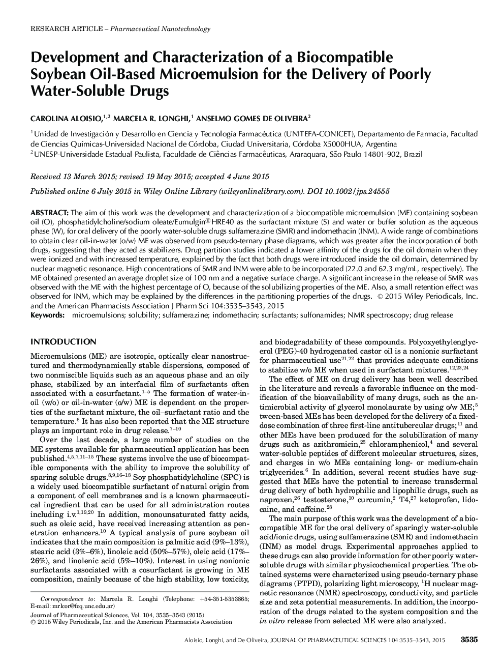 توسعه و تعریف یک میکرومولسیون بر پایه روغن سووی باکتری برای تحویل داروهای حاوی محلول در آب 
