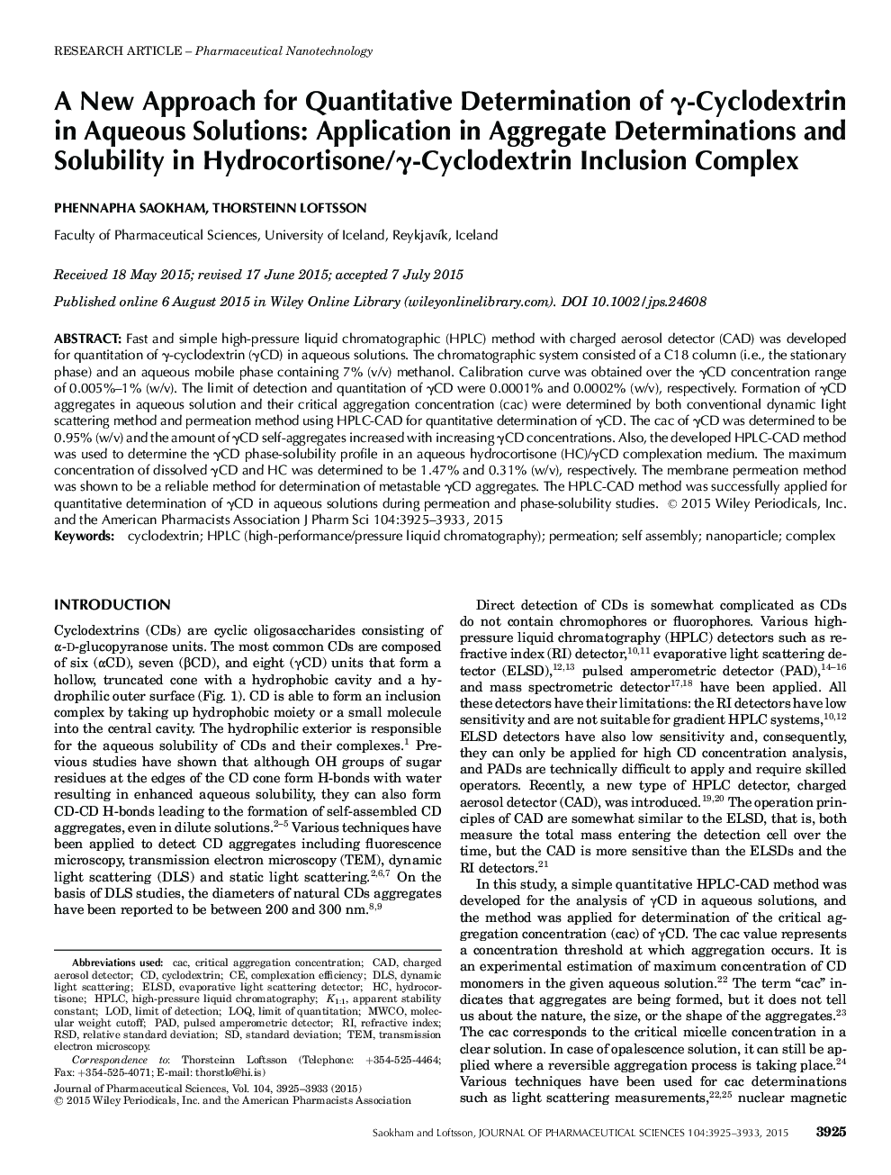 A New Approach for Quantitative Determination of Î³-Cyclodextrin in Aqueous Solutions: Application in Aggregate Determinations and Solubility in Hydrocortisone/Î³-Cyclodextrin Inclusion Complex