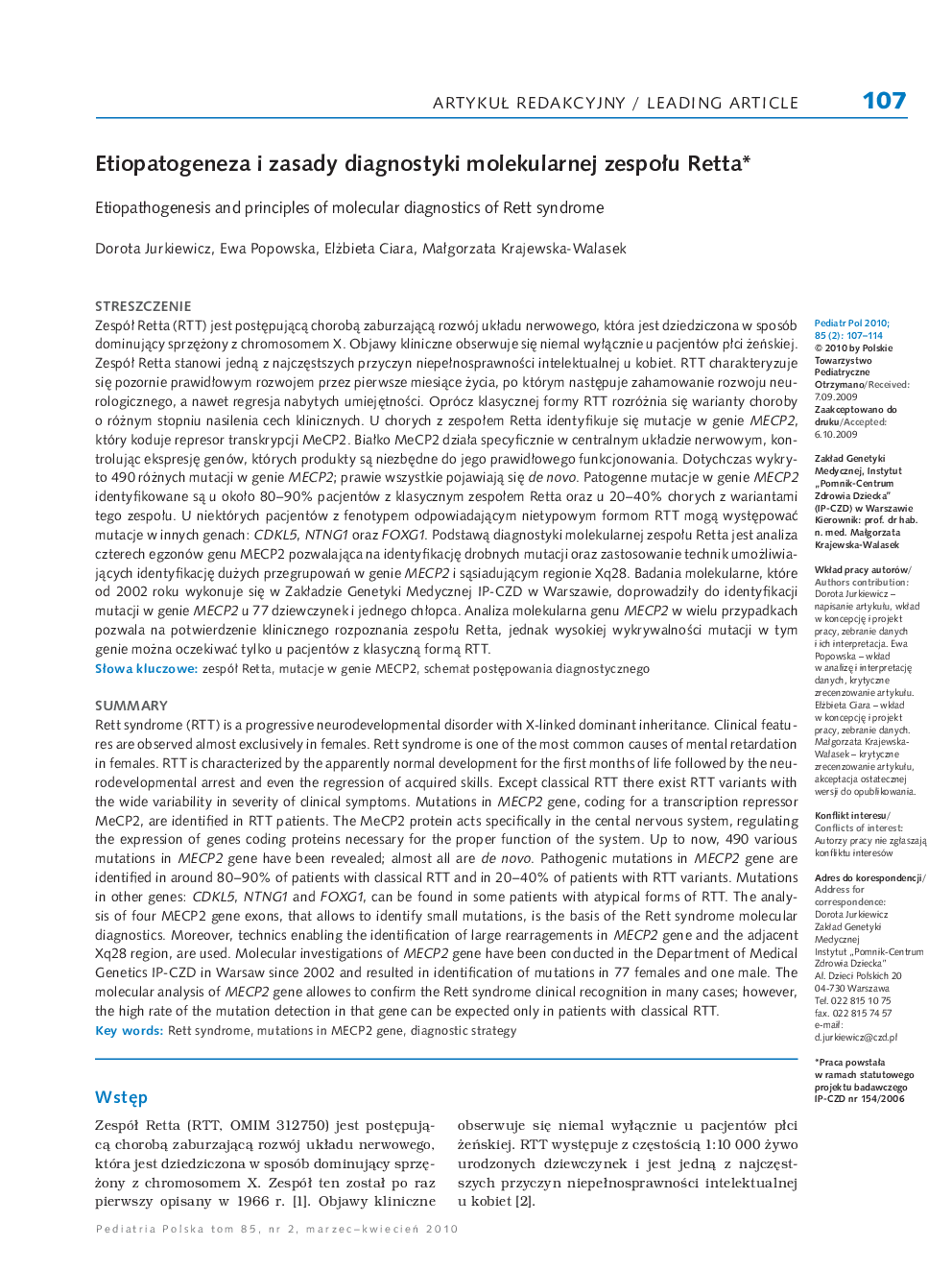 Etiopatogeneza i zasady diagnostyki molekularnej zespoÅu Retta