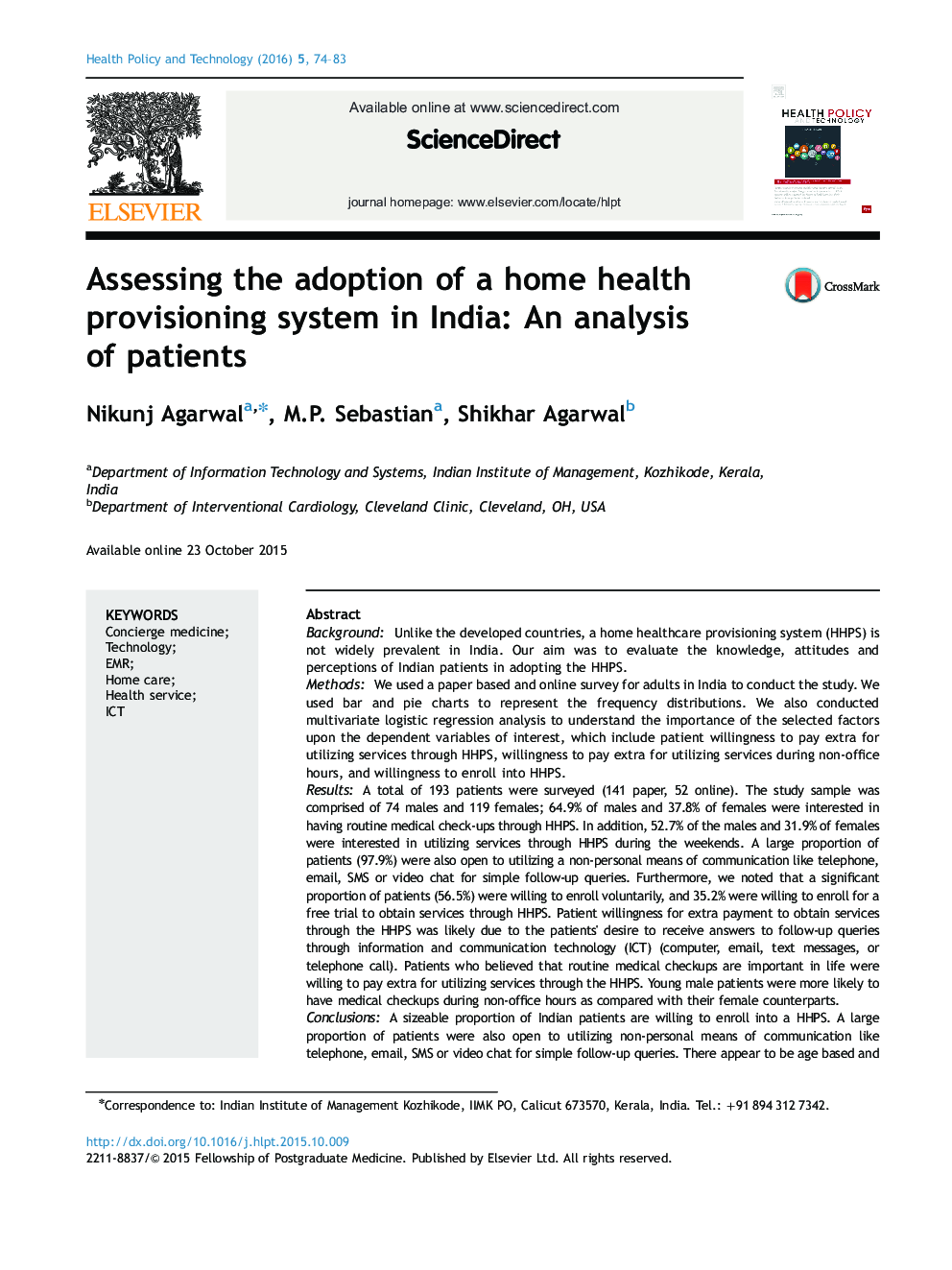 ارزیابی پذیرش یک سیستم تأمین بهداشت در خانه در هند: تجزیه و تحلیل بیماران 