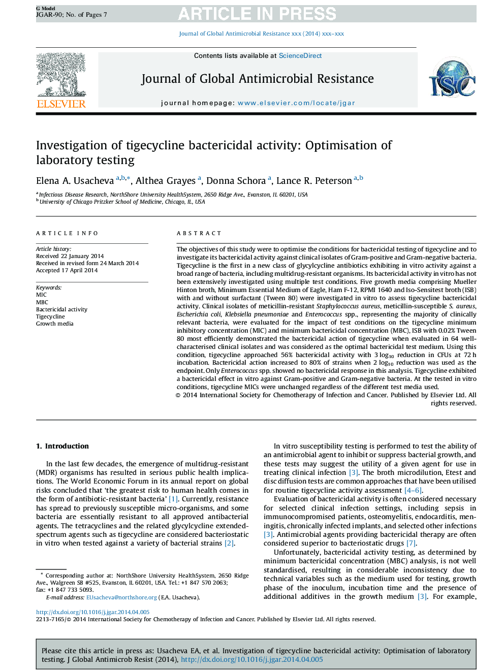 Investigation of tigecycline bactericidal activity: Optimisation of laboratory testing