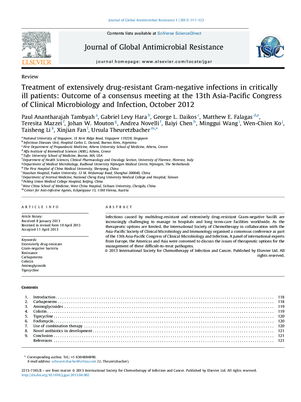 Treatment of extensively drug-resistant Gram-negative infections in critically ill patients: Outcome of a consensus meeting at the 13th Asia-Pacific Congress of Clinical Microbiology and Infection, October 2012