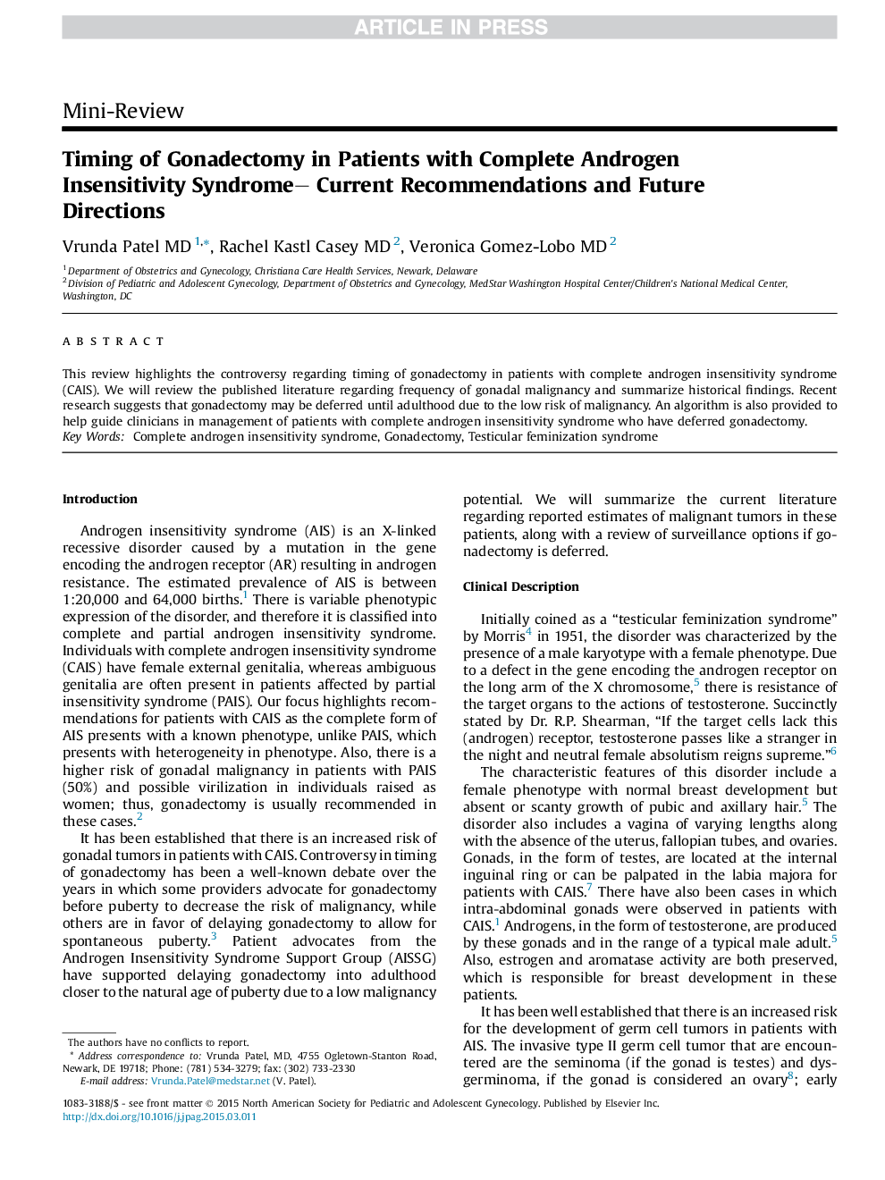 زمان بندی گنادکتومی در بیماران مبتلا به توصیه های فعلی سندرم بی حساسیت کامل آندروژن و دستورالعمل های آینده 