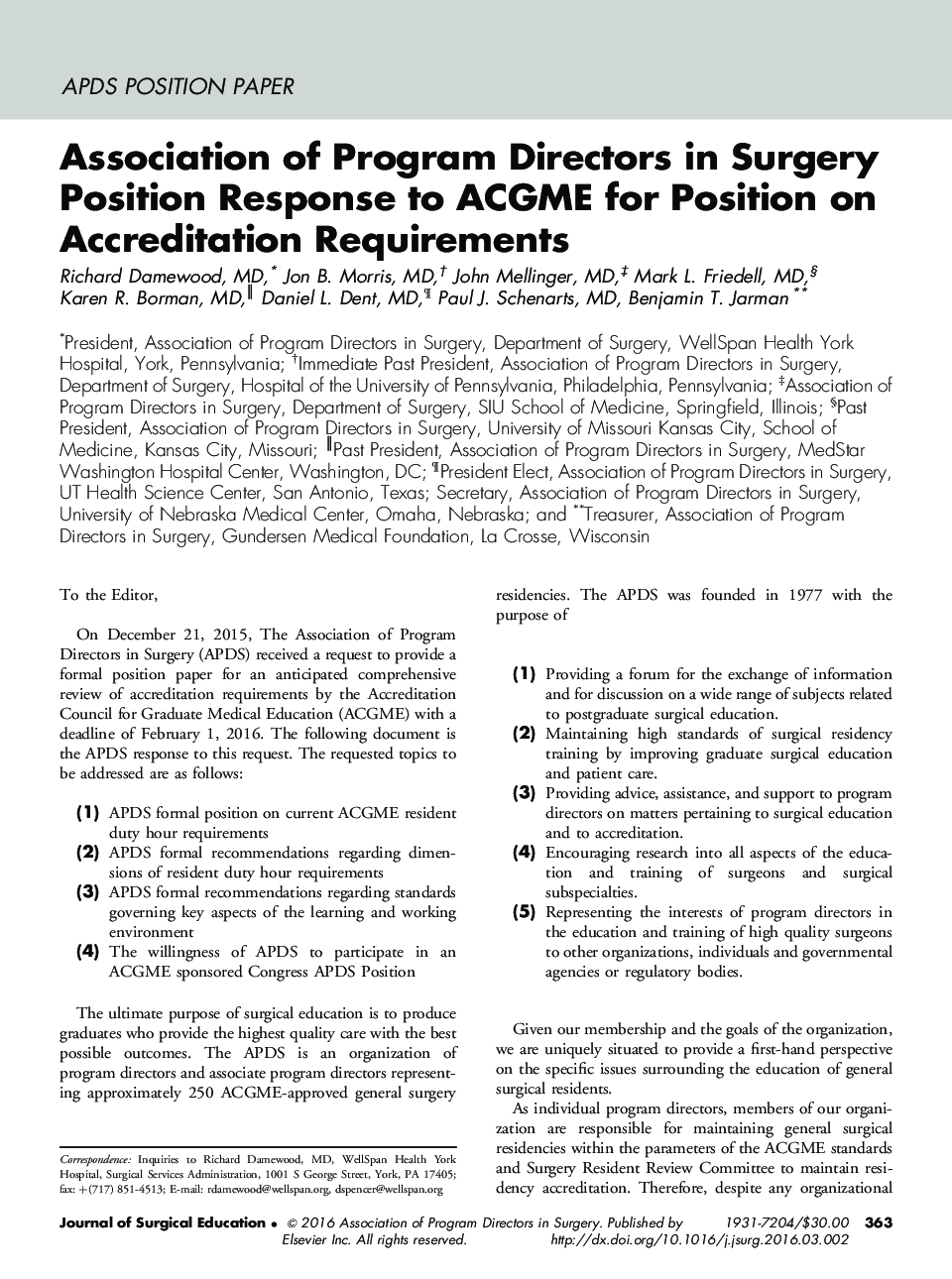Association of Program Directors in Surgery Position Response to ACGME for Position on Accreditation Requirements