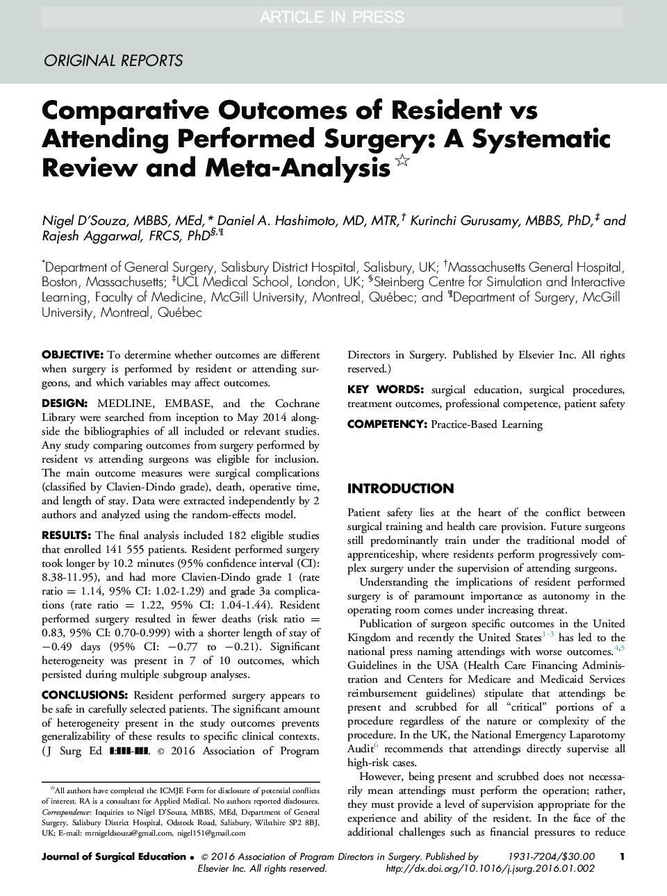 Comparative Outcomes of Resident vs Attending Performed Surgery: A Systematic Review and Meta-Analysis