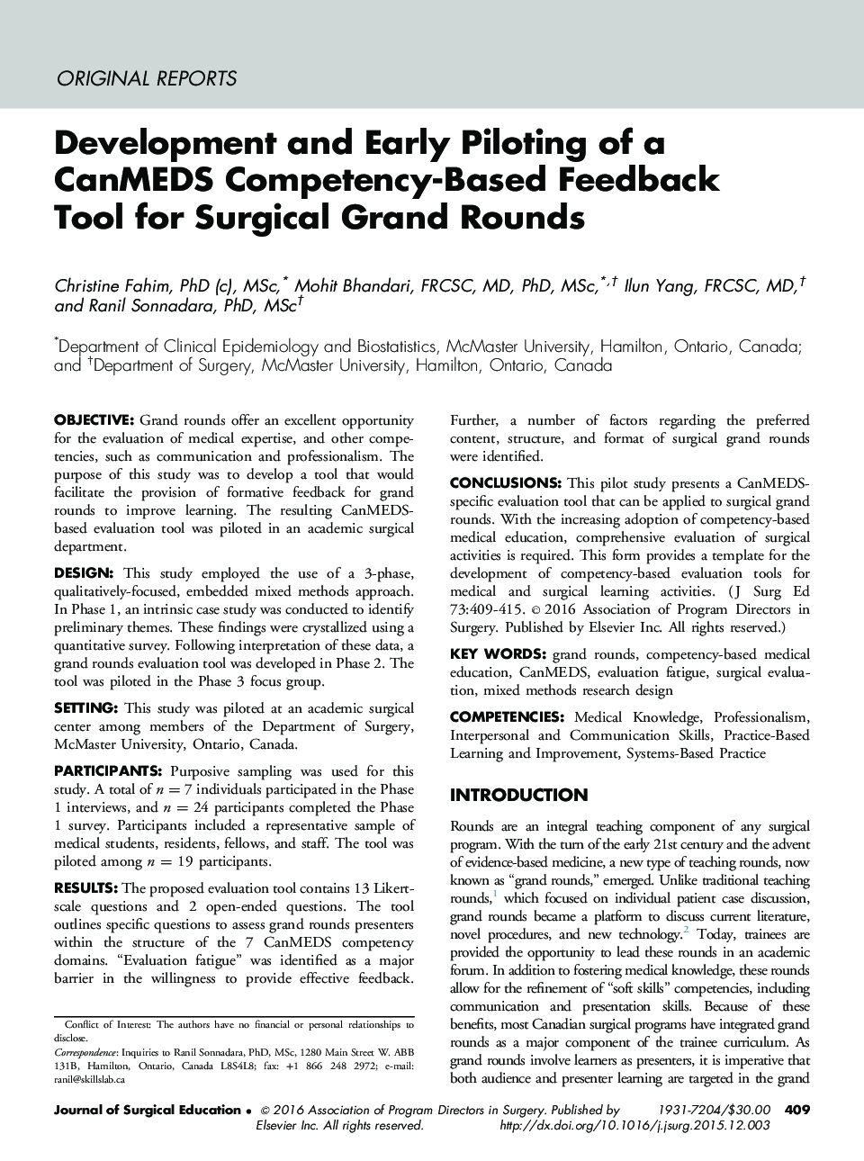 Development and Early Piloting of a CanMEDS Competency-Based Feedback Tool for Surgical Grand Rounds