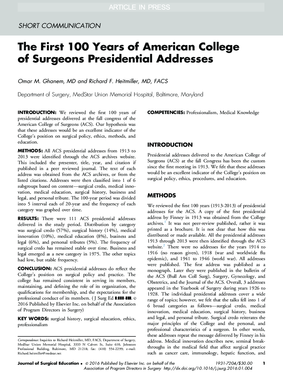نخستین نامه سالانه کالج جراحان آمریکایی در ریاست جمهوری 