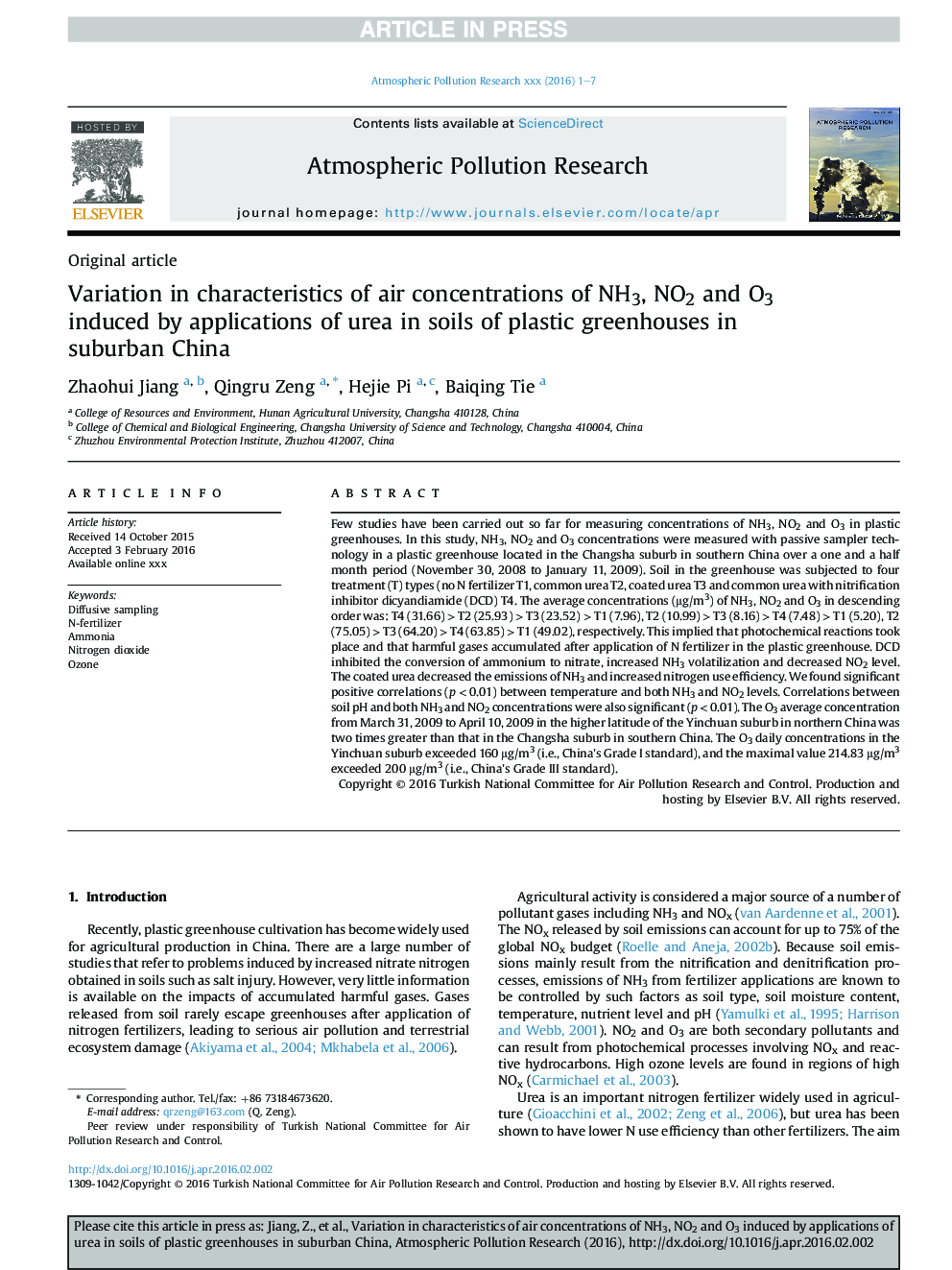 Variation in characteristics of air concentrations of NH3, NO2 and O3 induced by applications of urea in soils of plastic greenhouses in suburban China