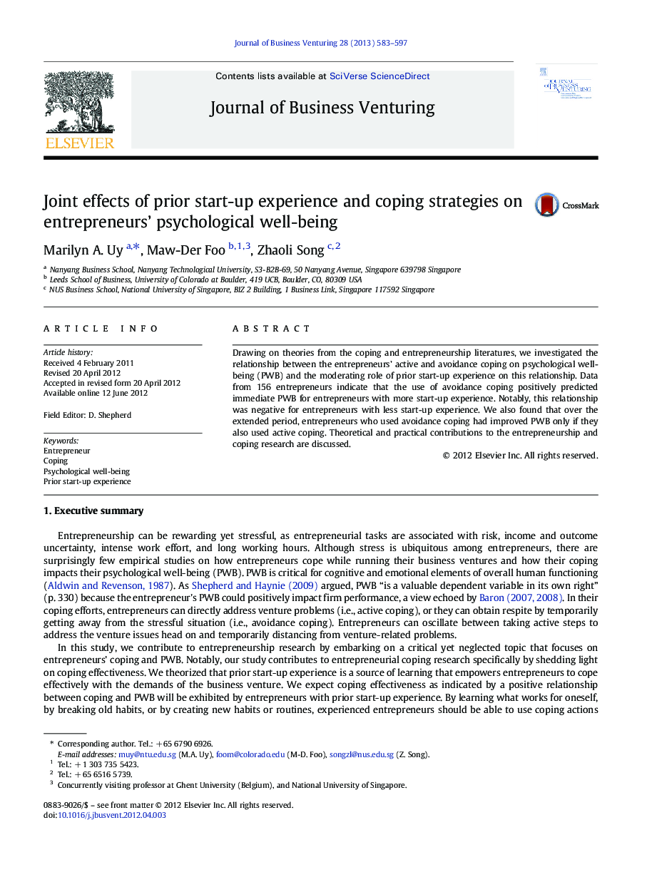 Joint effects of prior start-up experience and coping strategies on entrepreneurs’ psychological well-being