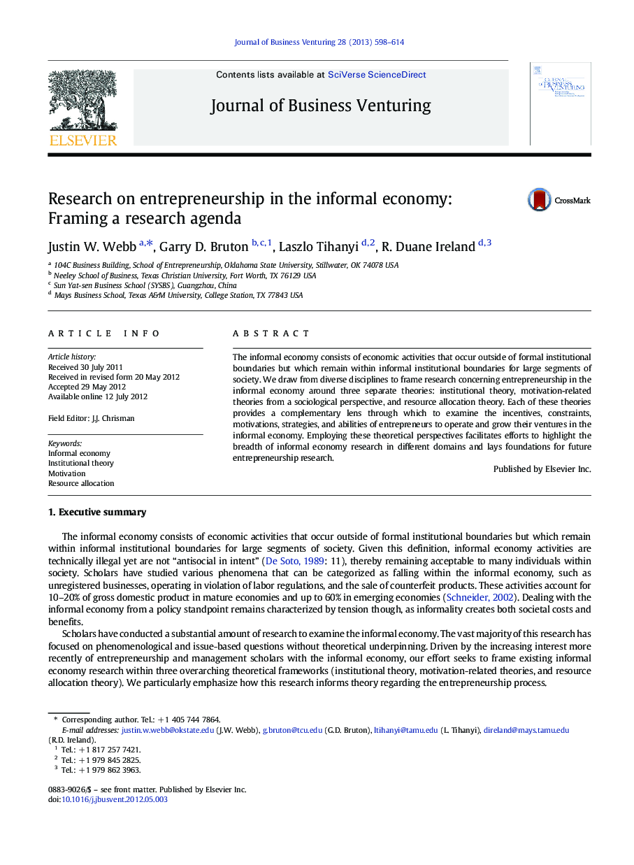 Research on entrepreneurship in the informal economy: Framing a research agenda