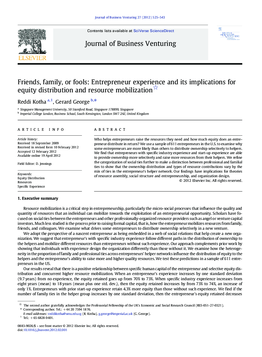 Friends, family, or fools: Entrepreneur experience and its implications for equity distribution and resource mobilization 