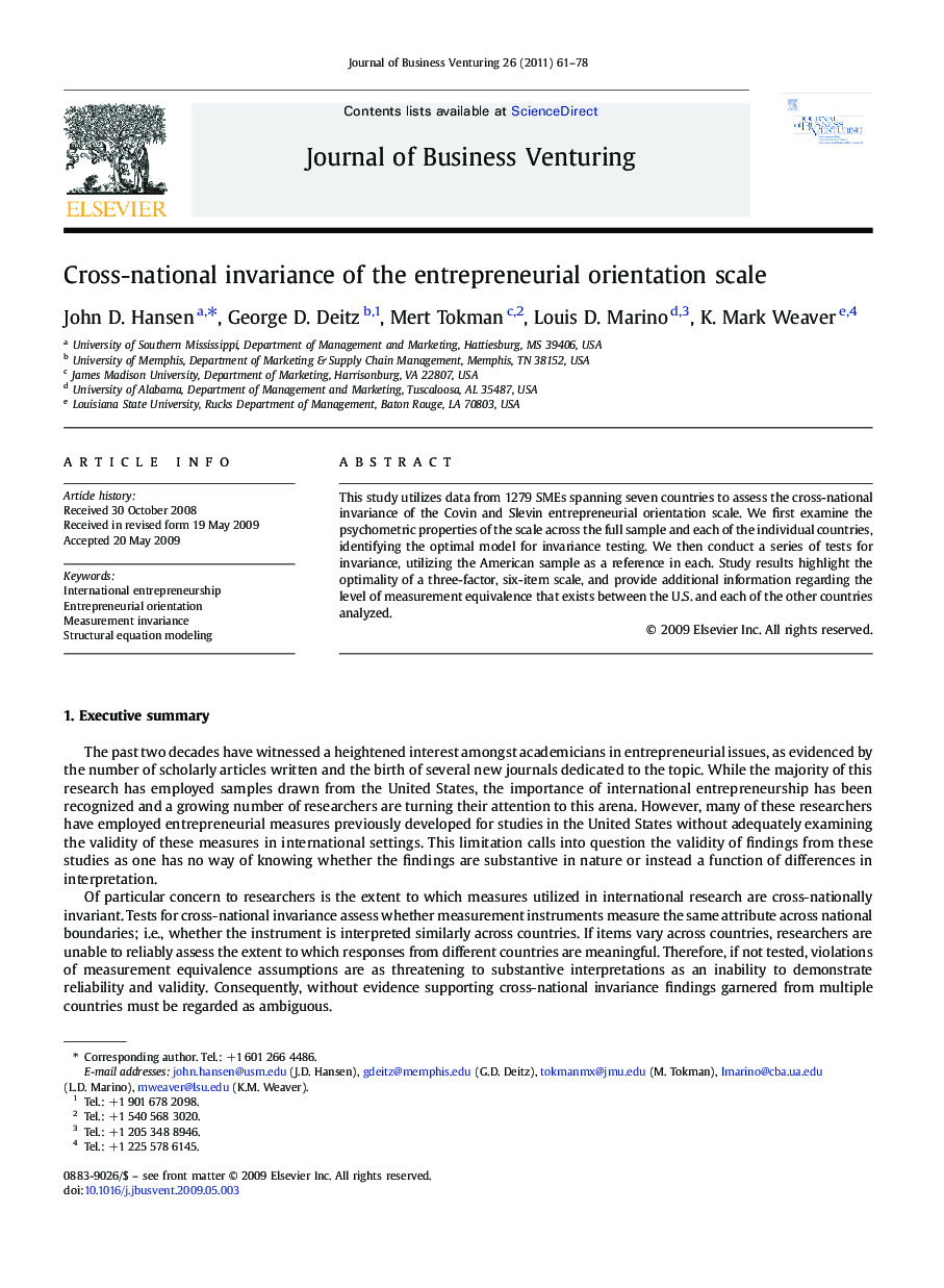Cross-national invariance of the entrepreneurial orientation scale