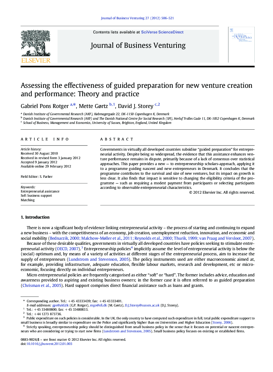 Assessing the effectiveness of guided preparation for new venture creation and performance: Theory and practice