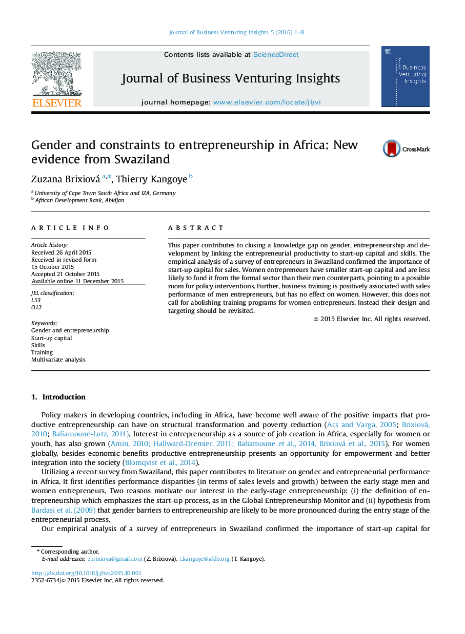 جنسیت و محدودیت های برای کارآفرینی در آفریقا: شواهد جدید از سوازیلند