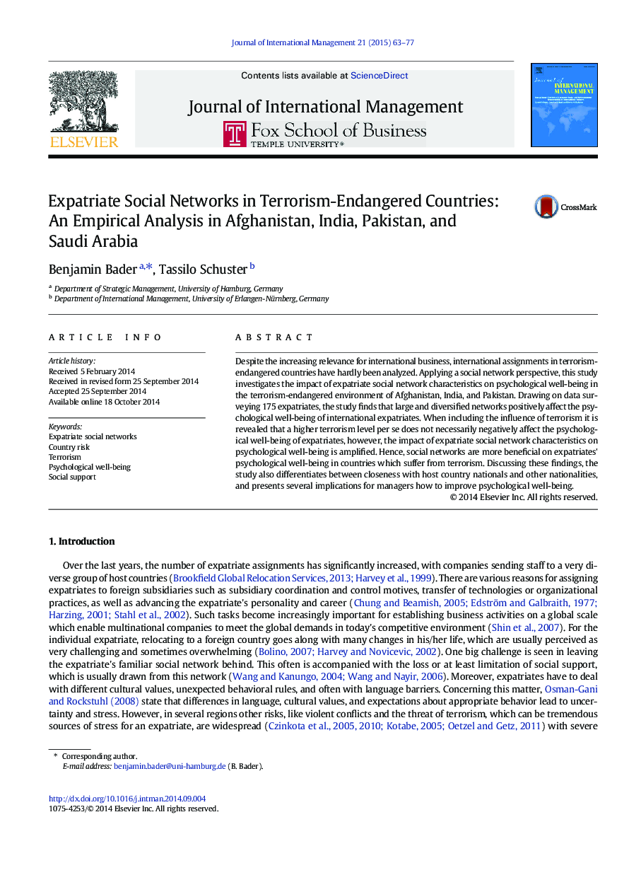 شبکه های اجتماعی خارج از کشور در کشور های در معرض خطر تروریسم : تجزیه و تحلیل تجربی در افغانستان، هند، پاکستان و عربستان سعودی