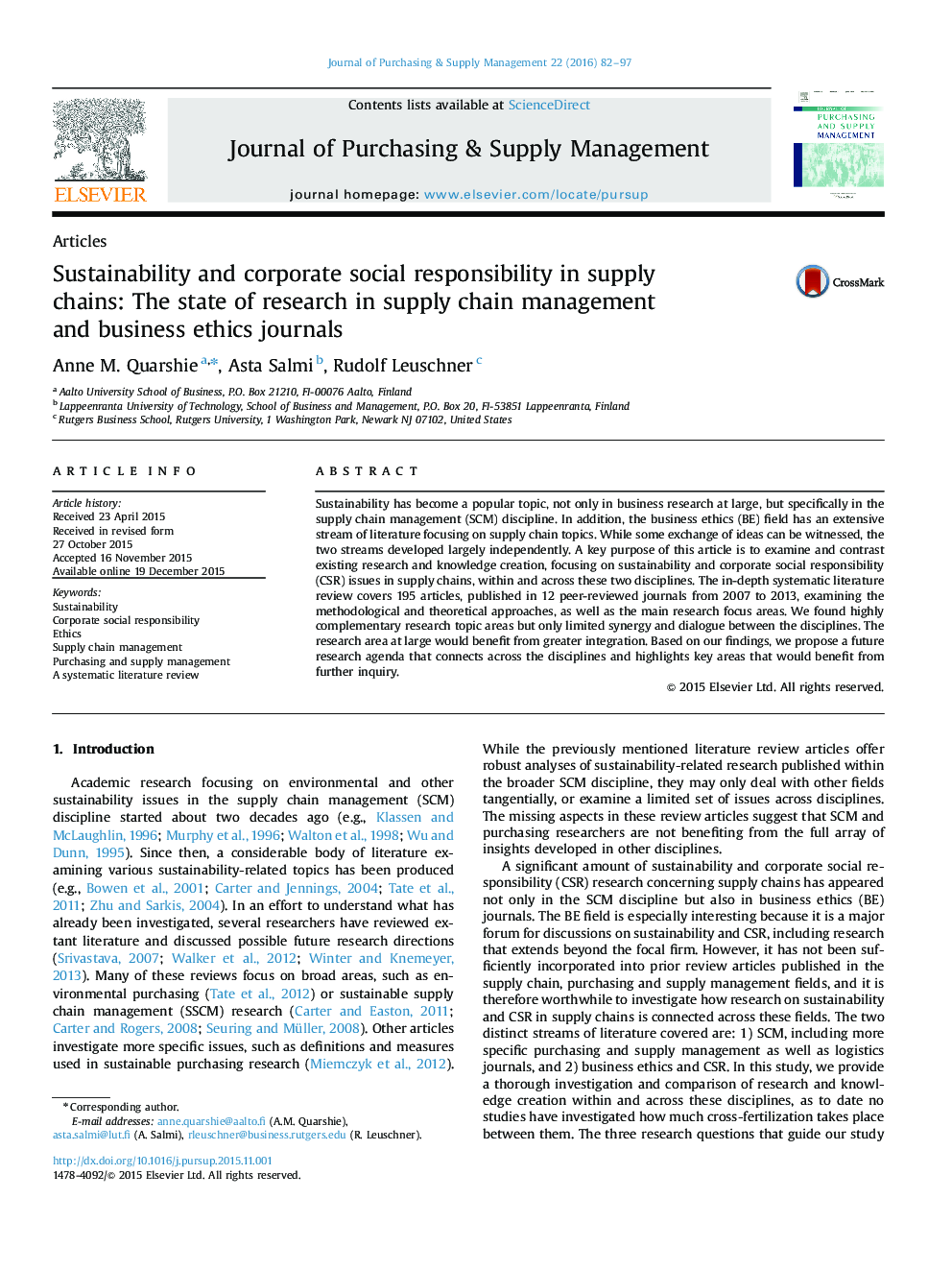 پایداری و مسئولیت اجتماعی شرکت ها در زنجیره تامین: وضعیت پژوهش در مجلات مدیریت زنجیره تامین و اخلاق کسب و کار 